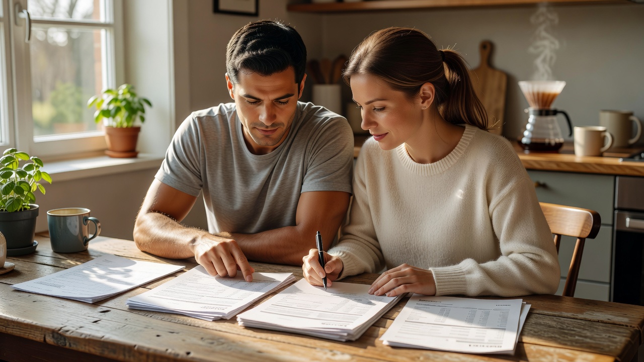 A couple sitting at a kitchen table in morning light reviewing their household subscriptions together