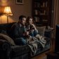 A couple on a sofa with glasses of wine, focused on a drama in a cosy lamplit room