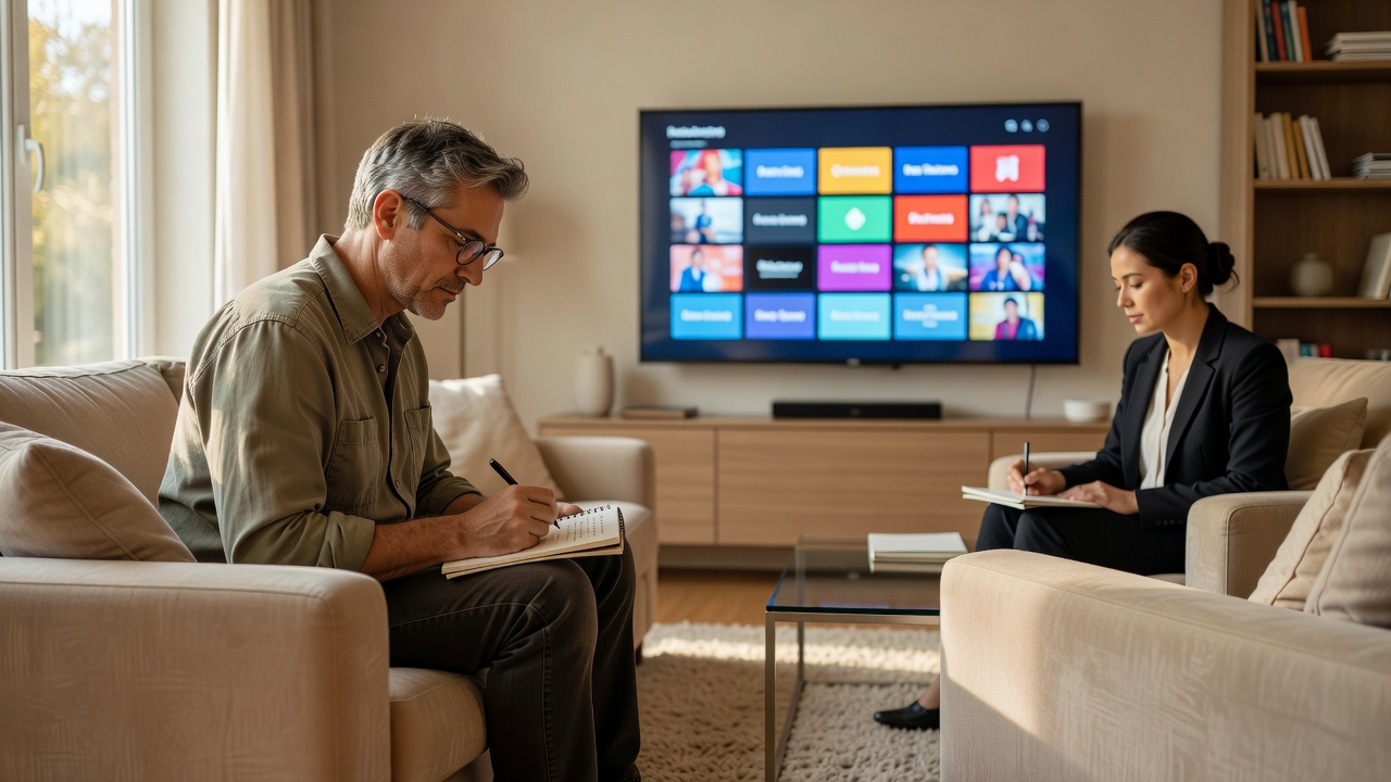 A writer taking notes on a notepad while comparing streaming options on a television in a bright living room