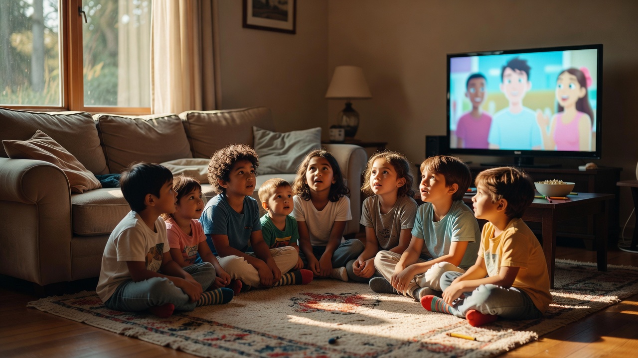 A family gathered on a sofa in a bright living room, watching a film together on a Sunday afternoon