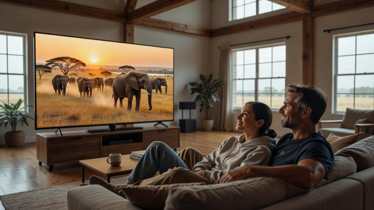 Friends in a bright loft watching a documentary with notebooks on the table