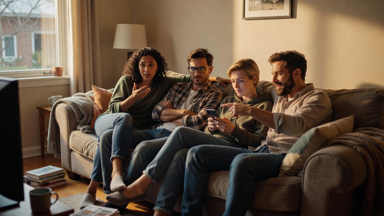 Housemates gathered around a coffee table deciding on an action series