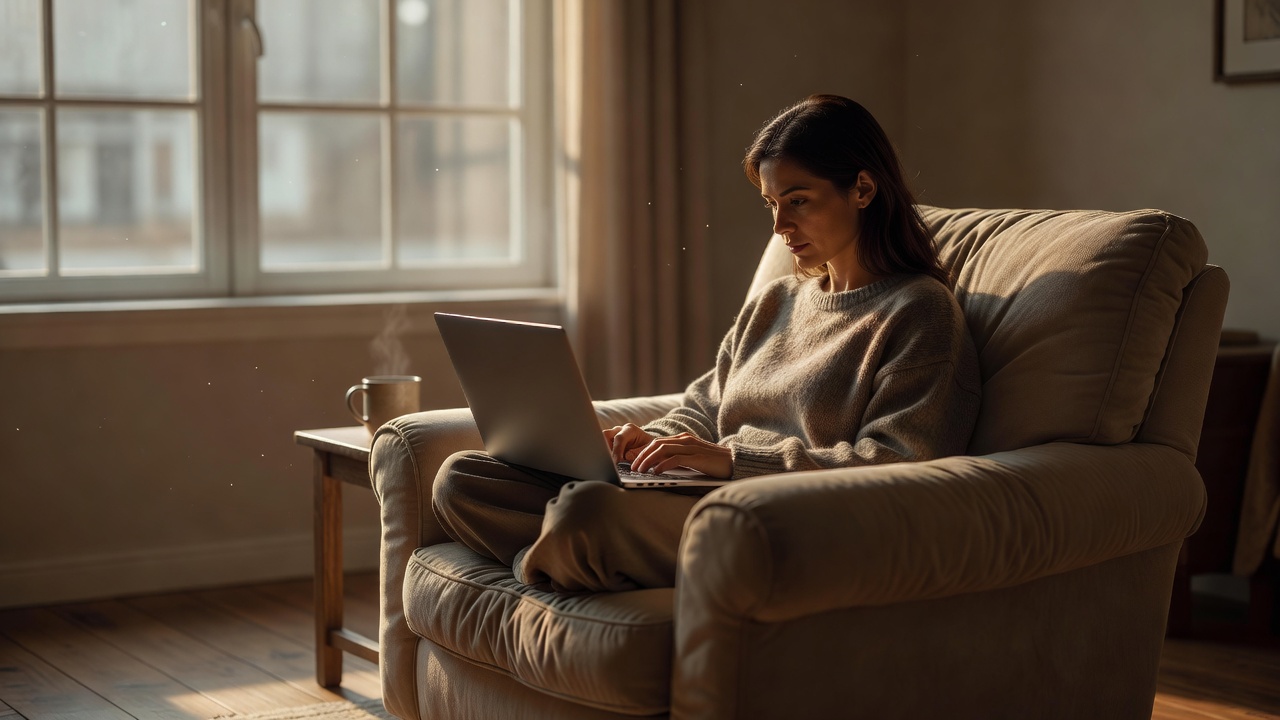 A woman watching a thriller on a tablet in an armchair beside a daylight window